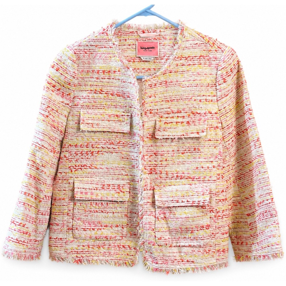 Kate‎ Spade New York Tweed Fringe Jacket Pink Yellow Boucle Textured Blazer Sz 2